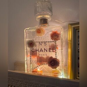 Shabby Chic Decor Replica Chanel Bottle Art with Lights and framed pic.